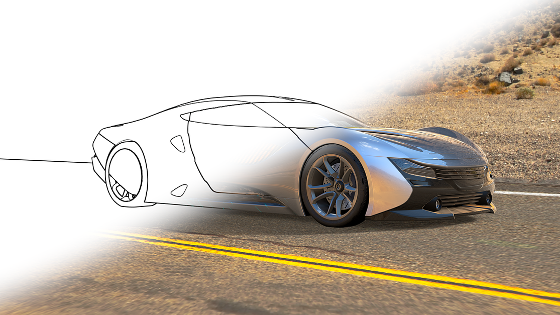 3D rendered car with a drawing effect.